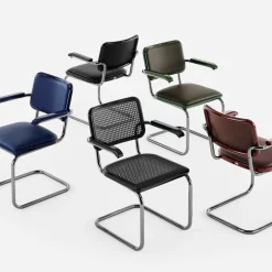 JS. THONET a personal Interpretation by Jil Sander S 64 V Serious Freischwinger Armlehnstuhl mit Rohrgeflecht