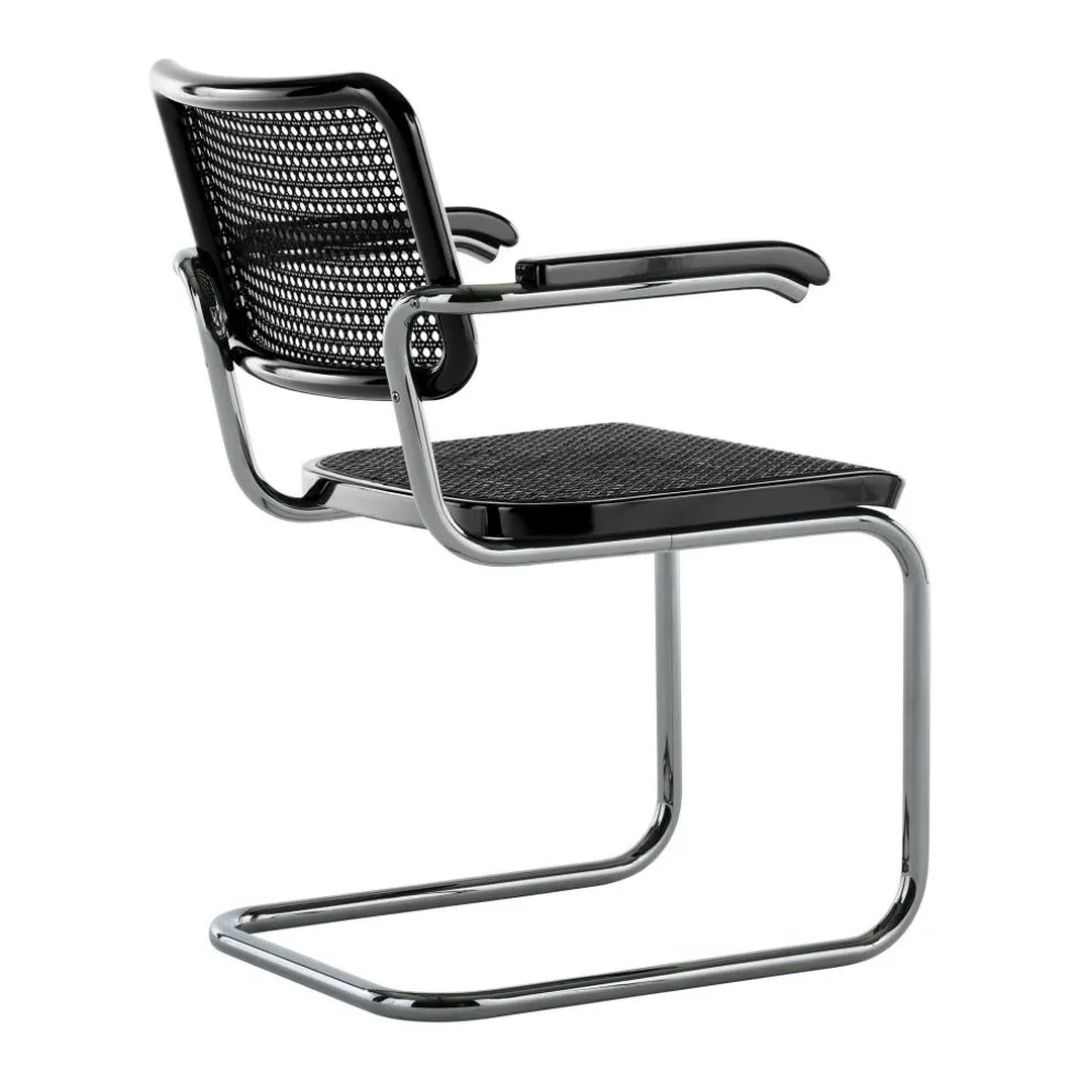 JS. THONET a personal Interpretation by Jil Sander S 64 V Serious Freischwinger Armlehnstuhl mit Rohrgeflecht