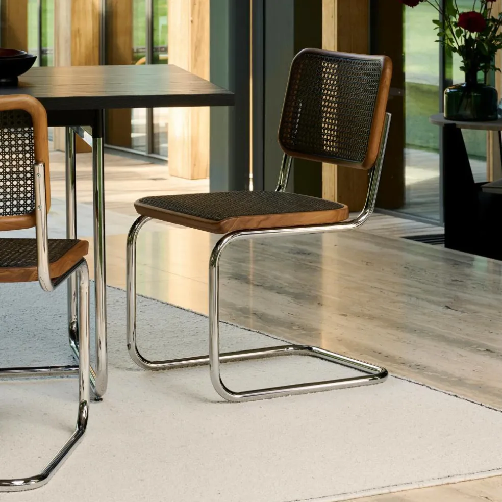 S 32 V Freischwinger Stuhl mit Rohrgeflecht Dark Melange Gestell verchromt